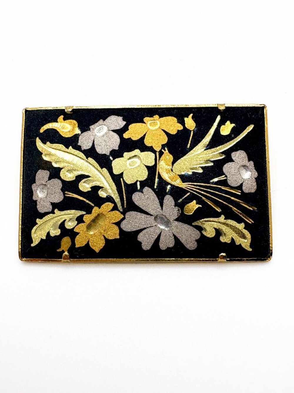 Vintage Damascene Bird Brooch Rare Trombone Clasp Rectangle Pin